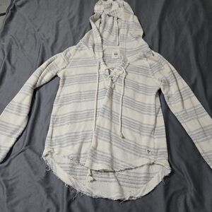 Billabong Surfline Pullover Lightweight Hoodie Medium Striped Rope Tie Raw edges